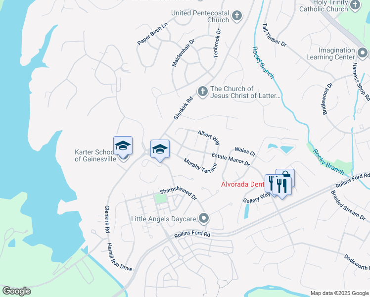 map of restaurants, bars, coffee shops, grocery stores, and more near 14201 Estate Manor Drive in Gainesville