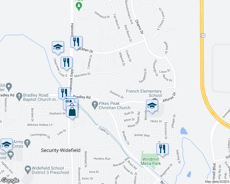 map of restaurants, bars, coffee shops, grocery stores, and more near 5175 Manzana Drive in Colorado Springs