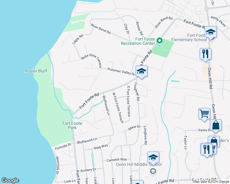 map of restaurants, bars, coffee shops, grocery stores, and more near 8600 West Fort Foote Terrace in Fort Washington