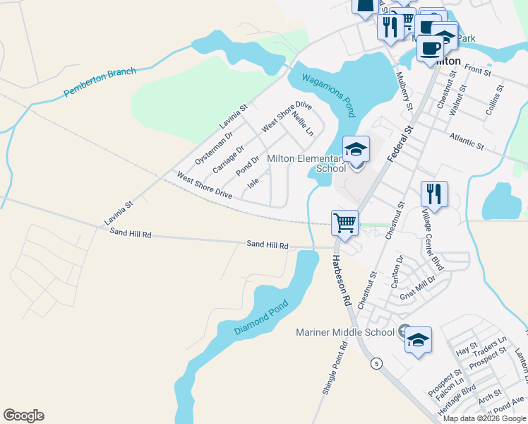 map of restaurants, bars, coffee shops, grocery stores, and more near 208 West Shore Drive in Milton