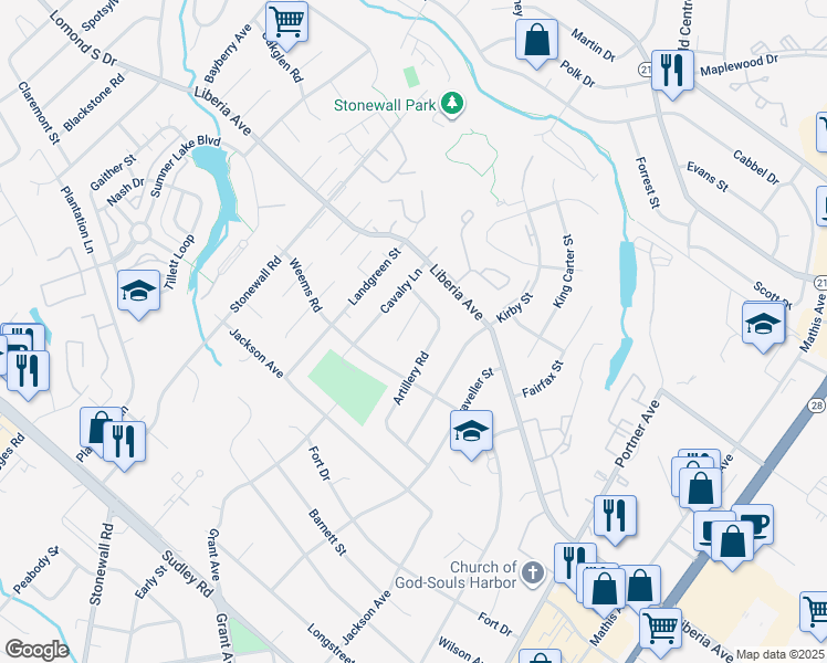 map of restaurants, bars, coffee shops, grocery stores, and more near 8591 Sherman Court in Manassas