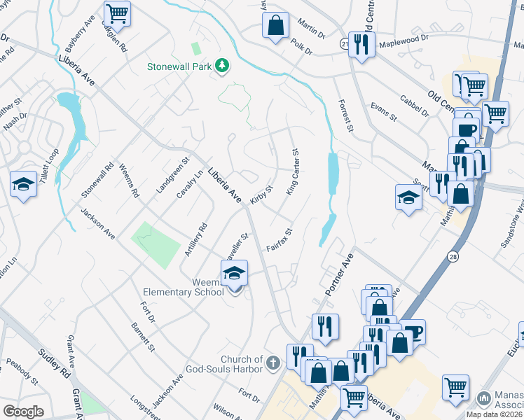 map of restaurants, bars, coffee shops, grocery stores, and more near 8949 Tackett Avenue in Manassas