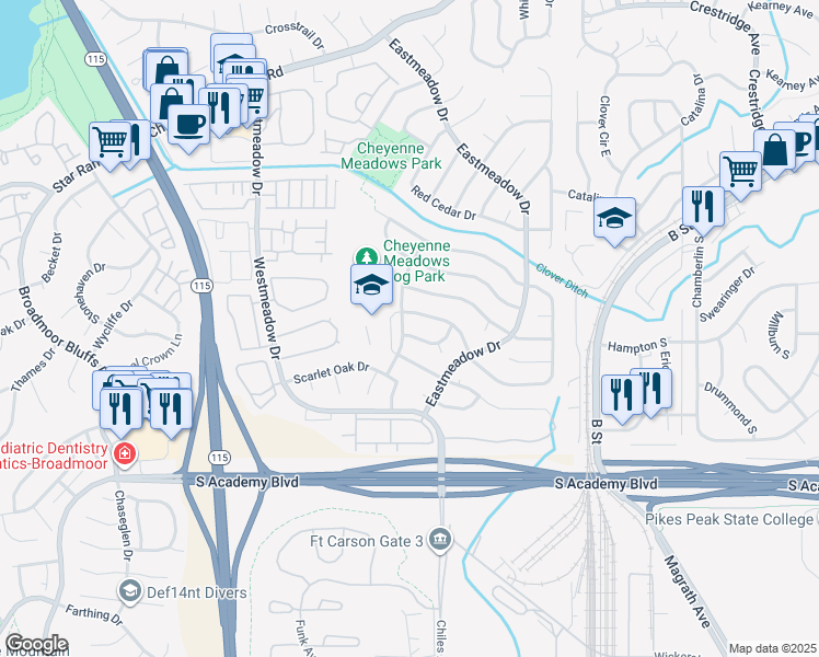 map of restaurants, bars, coffee shops, grocery stores, and more near 1306 Nutwood Drive in Colorado Springs