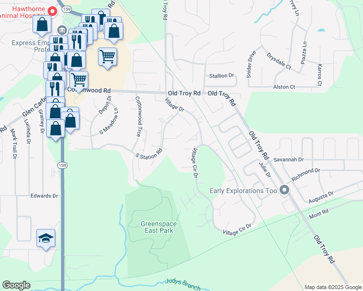 map of restaurants, bars, coffee shops, grocery stores, and more near 9 Peachtree Lane in Glen Carbon