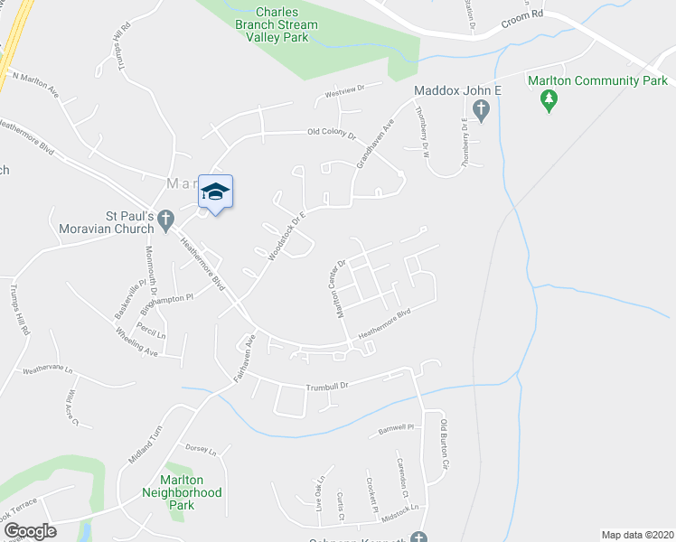 map of restaurants, bars, coffee shops, grocery stores, and more near 12701 Marlton Center Drive in Upper Marlboro