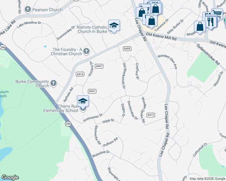 map of restaurants, bars, coffee shops, grocery stores, and more near 9706 Rossetti Court in Burke