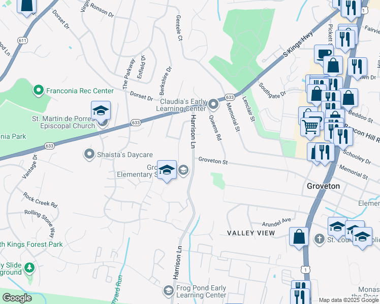 map of restaurants, bars, coffee shops, grocery stores, and more near 6736 Harrison Lane in Alexandria