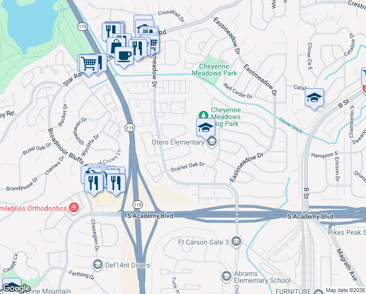 map of restaurants, bars, coffee shops, grocery stores, and more near 1071 Whistler Hollow Drive in Colorado Springs