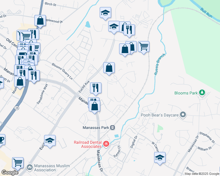 map of restaurants, bars, coffee shops, grocery stores, and more near 9101 Owens Drive in Manassas Park