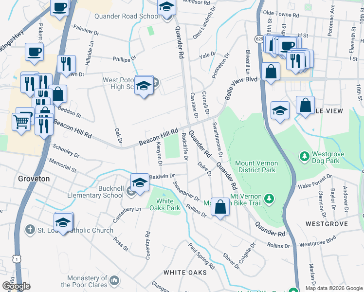 map of restaurants, bars, coffee shops, grocery stores, and more near 6742 Radcliffe Drive in Alexandria