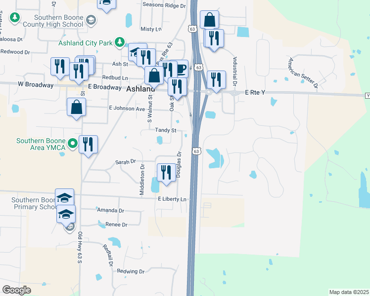 map of restaurants, bars, coffee shops, grocery stores, and more near 309 Douglas Drive in Ashland