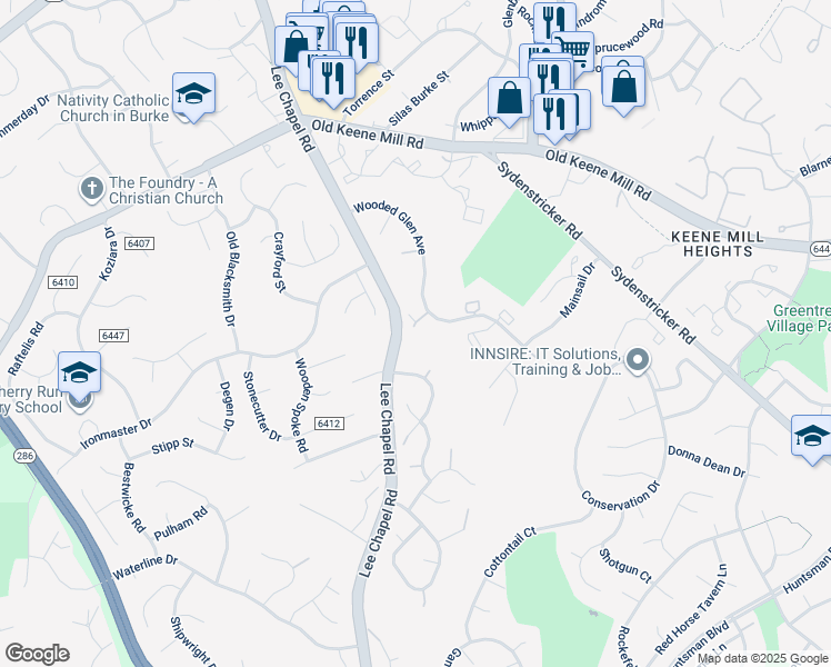 map of restaurants, bars, coffee shops, grocery stores, and more near 9407 Wooded Glen Avenue in Burke