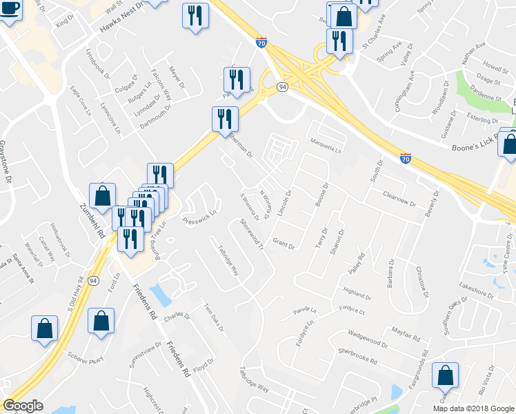 map of restaurants, bars, coffee shops, grocery stores, and more near 1745 Honeysuckle Drive in Saint Charles