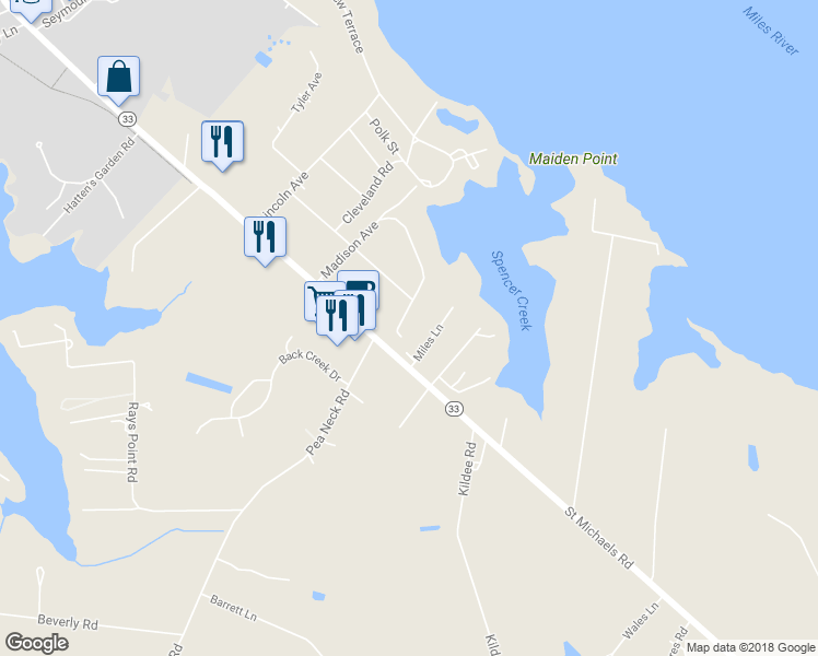 map of restaurants, bars, coffee shops, grocery stores, and more near 245 Madison Avenue in Saint Michaels