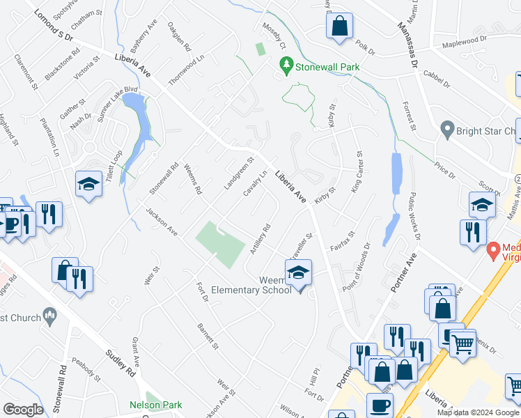 map of restaurants, bars, coffee shops, grocery stores, and more near 8591 Sherman Court in Manassas
