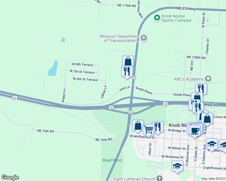 map of restaurants, bars, coffee shops, grocery stores, and more near 120 Northeast 951st Road in Knob Noster