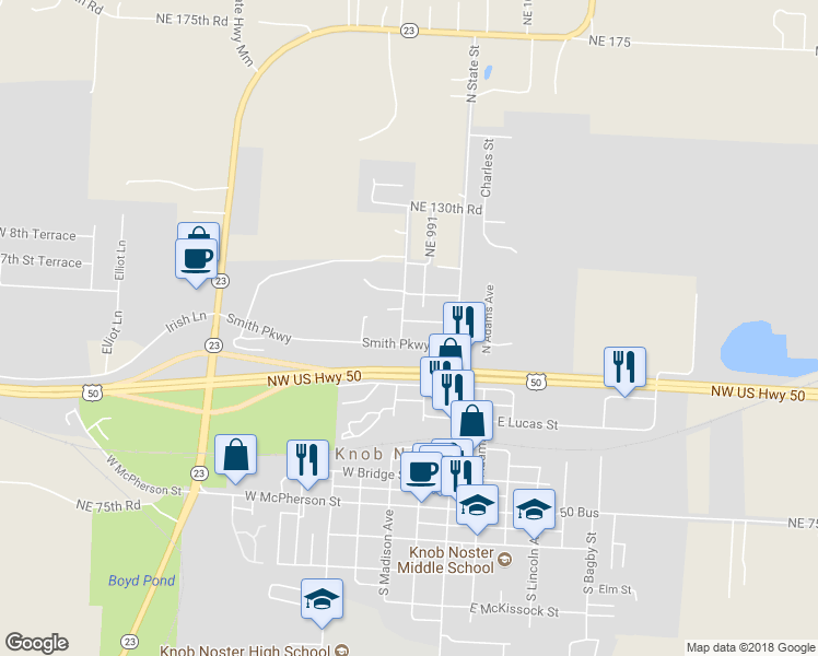 map of restaurants, bars, coffee shops, grocery stores, and more near 209 West 6th Street in Knob Noster