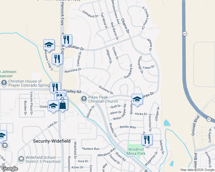 map of restaurants, bars, coffee shops, grocery stores, and more near 4224 Sandberg Drive in Colorado Springs