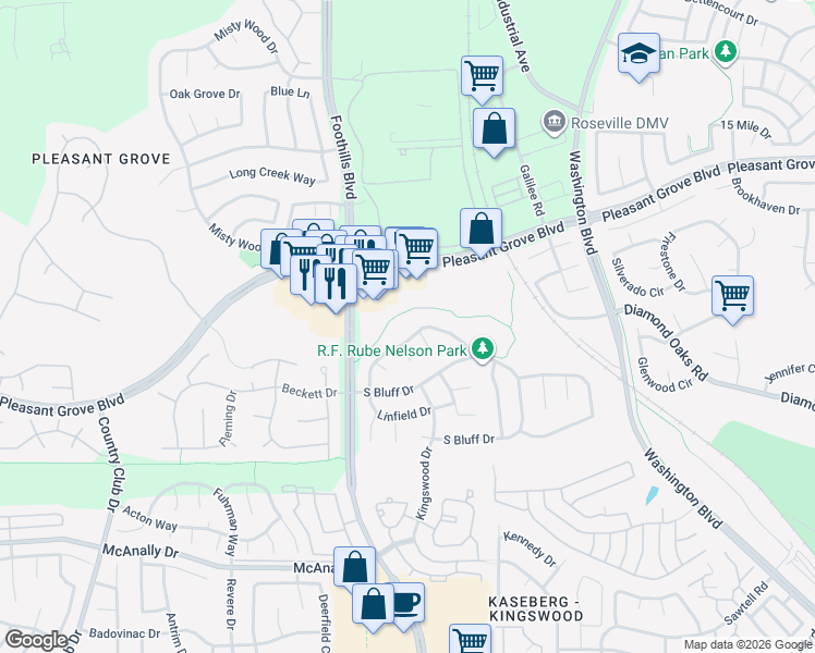 map of restaurants, bars, coffee shops, grocery stores, and more near 1304 Palmerston Loop in Roseville