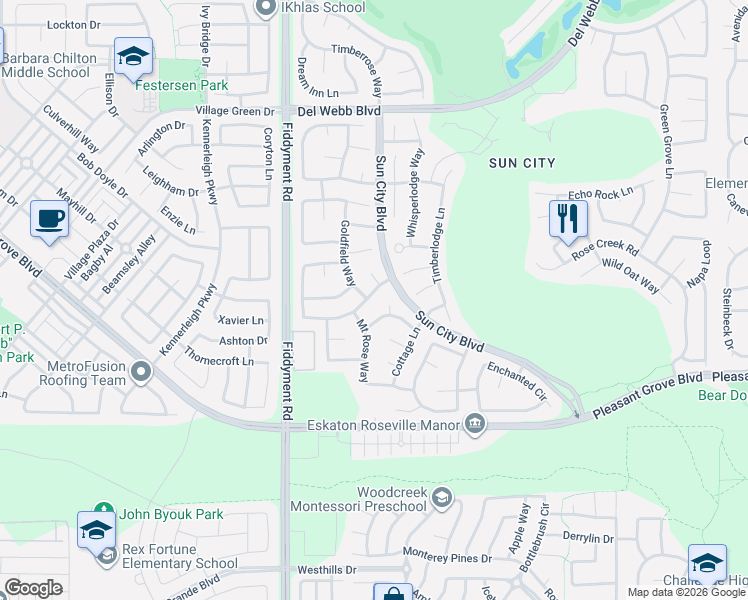 map of restaurants, bars, coffee shops, grocery stores, and more near 409 Seawell Court in Roseville