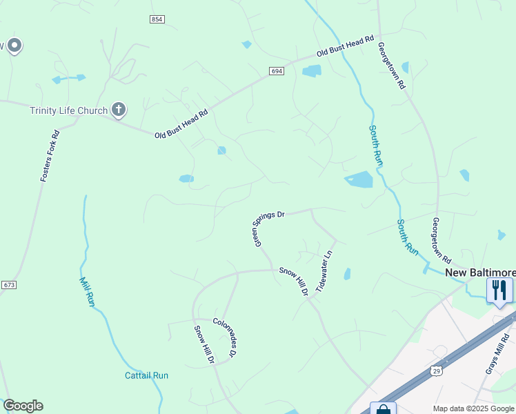 map of restaurants, bars, coffee shops, grocery stores, and more near 5802 Green Springs Drive in Warrenton