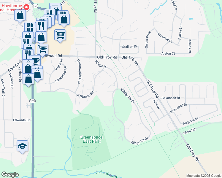 map of restaurants, bars, coffee shops, grocery stores, and more near 9 Peachtree Lane in Glen Carbon