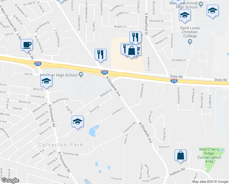 map of restaurants, bars, coffee shops, grocery stores, and more near 2245 North Elizabeth Avenue in Florissant