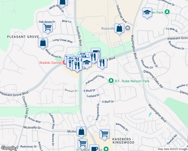 map of restaurants, bars, coffee shops, grocery stores, and more near 1304 Palmerston Loop in Roseville