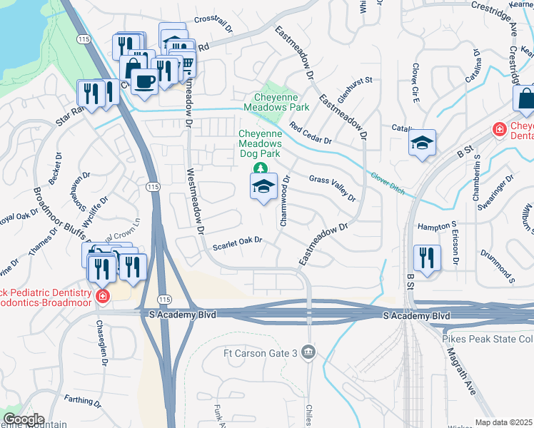 map of restaurants, bars, coffee shops, grocery stores, and more near 1650 Charmwood Drive in Colorado Springs