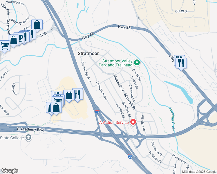 map of restaurants, bars, coffee shops, grocery stores, and more near 1209 Hartford Street in Colorado Springs