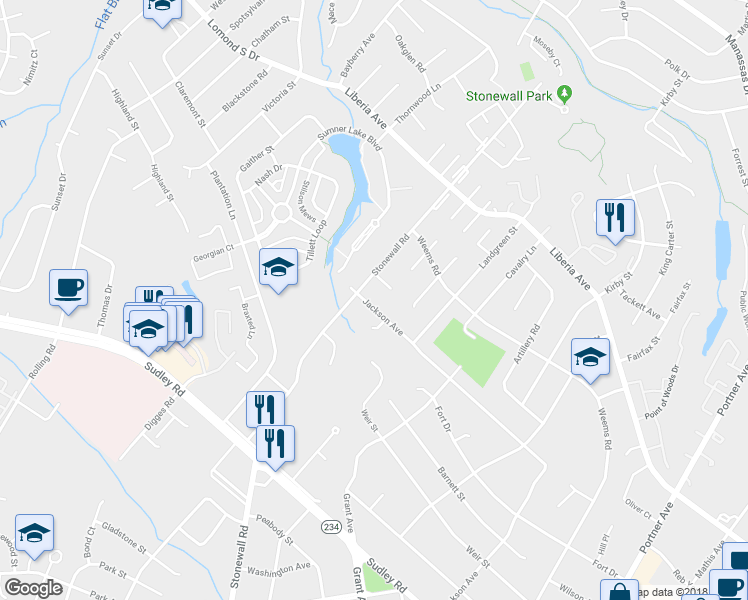 map of restaurants, bars, coffee shops, grocery stores, and more near 8603 Jackson Avenue in Manassas