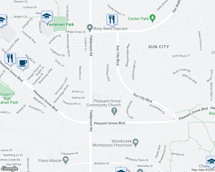 map of restaurants, bars, coffee shops, grocery stores, and more near 5017 Whiteclover Lane in Roseville