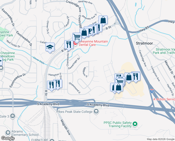 map of restaurants, bars, coffee shops, grocery stores, and more near 4244 Millburn South in Colorado Springs