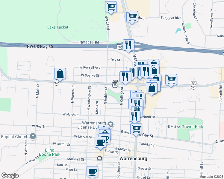 map of restaurants, bars, coffee shops, grocery stores, and more near 100 East Young Avenue in Warrensburg