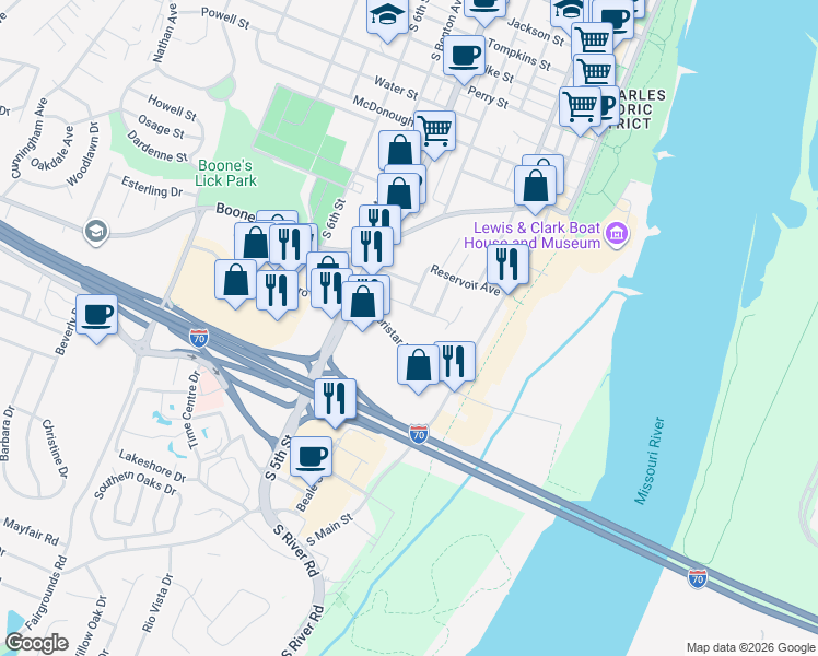 map of restaurants, bars, coffee shops, grocery stores, and more near 308 Ameristar Boulevard in Saint Charles