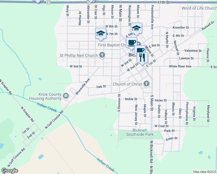 map of restaurants, bars, coffee shops, grocery stores, and more near 607 Oak Street in Bicknell