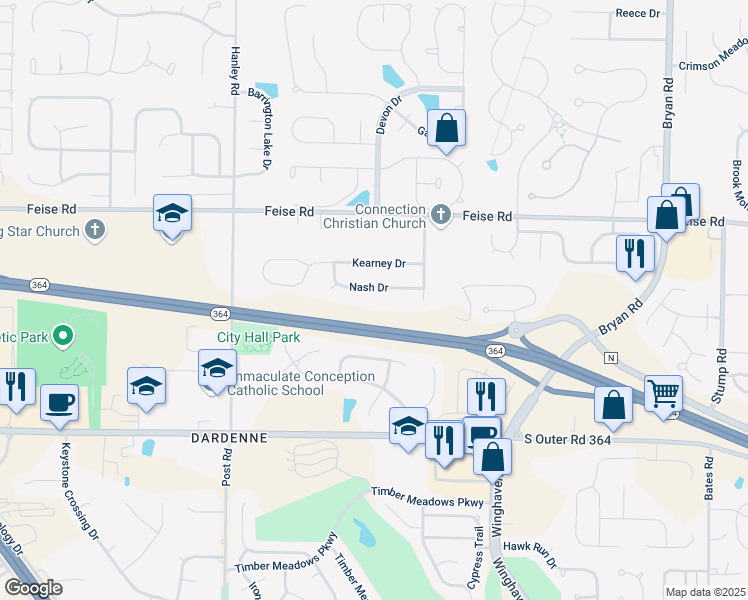 map of restaurants, bars, coffee shops, grocery stores, and more near 1612 Nash Drive in O'Fallon