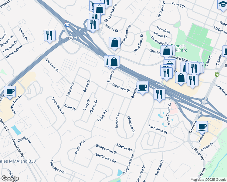 map of restaurants, bars, coffee shops, grocery stores, and more near 1300 South Drive in Saint Charles