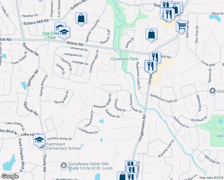 map of restaurants, bars, coffee shops, grocery stores, and more near 45 Country Creek Drive in Saint Peters