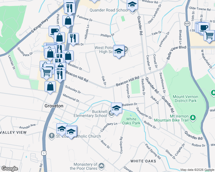 map of restaurants, bars, coffee shops, grocery stores, and more near 6721 Oak Drive in Alexandria