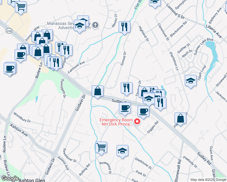 map of restaurants, bars, coffee shops, grocery stores, and more near 8423 Sunset Drive in Manassas