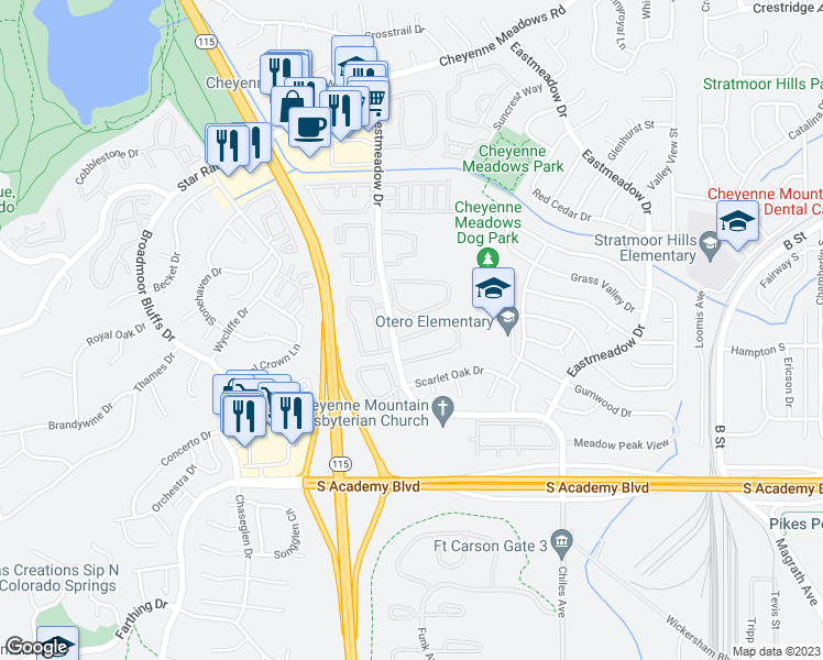 map of restaurants, bars, coffee shops, grocery stores, and more near 1024 Whistler Hollow Drive in Colorado Springs