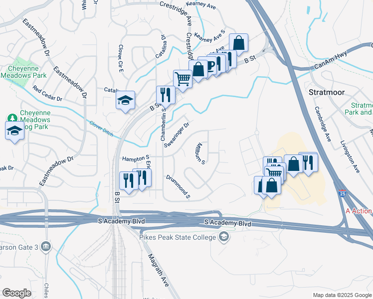 map of restaurants, bars, coffee shops, grocery stores, and more near 4305 Hampton Circle in Colorado Springs