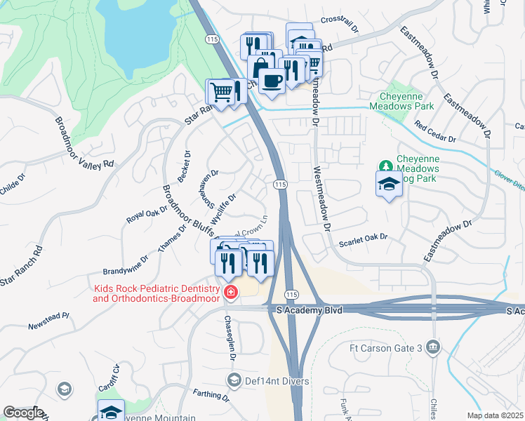 map of restaurants, bars, coffee shops, grocery stores, and more near 785 Royal Crown Ln in Colorado Springs