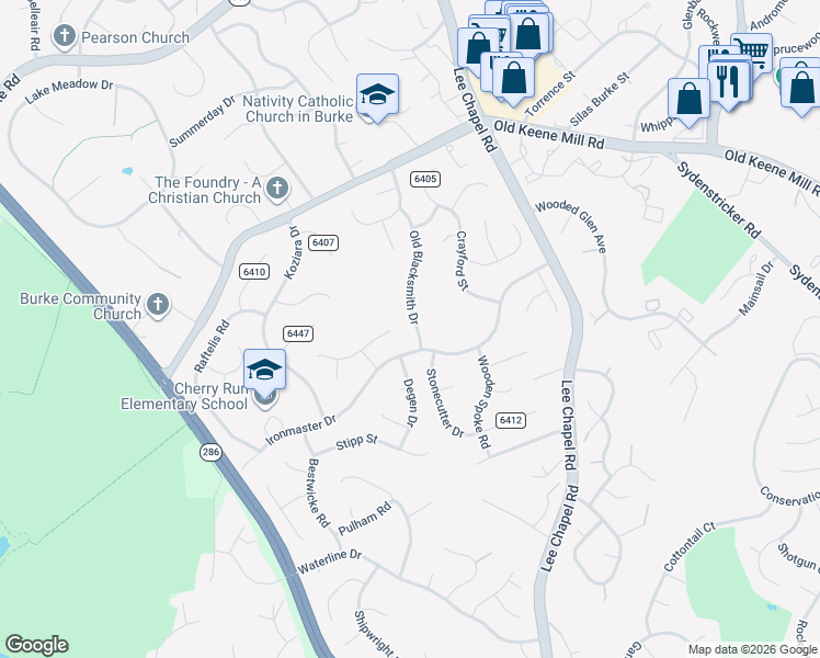 map of restaurants, bars, coffee shops, grocery stores, and more near 6688 Old Blacksmith Drive in Burke