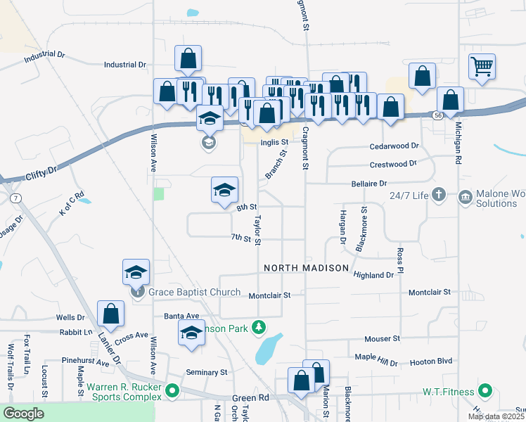 map of restaurants, bars, coffee shops, grocery stores, and more near 607 8th Street in Madison