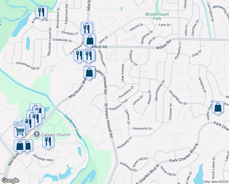 map of restaurants, bars, coffee shops, grocery stores, and more near 1165 Adonis Court in St. Peters