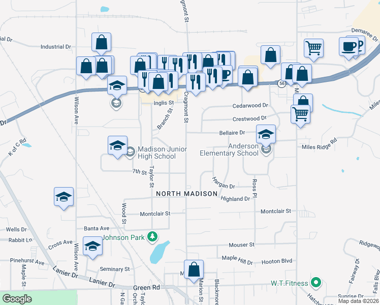 map of restaurants, bars, coffee shops, grocery stores, and more near 2330 Cragmont Street in Madison