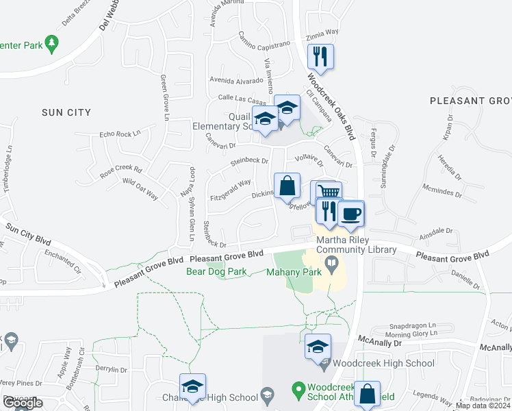 map of restaurants, bars, coffee shops, grocery stores, and more near 1527 Michener Drive in Roseville