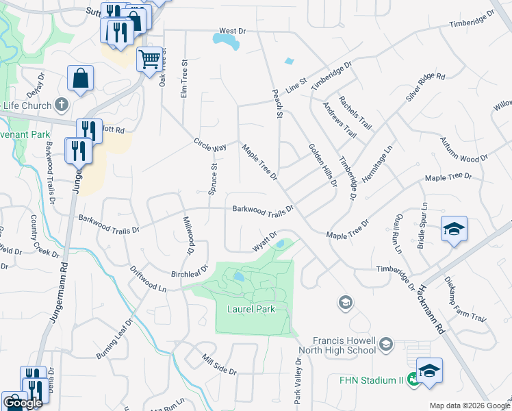 map of restaurants, bars, coffee shops, grocery stores, and more near 266 Barkwood Trails Drive in St. Peters